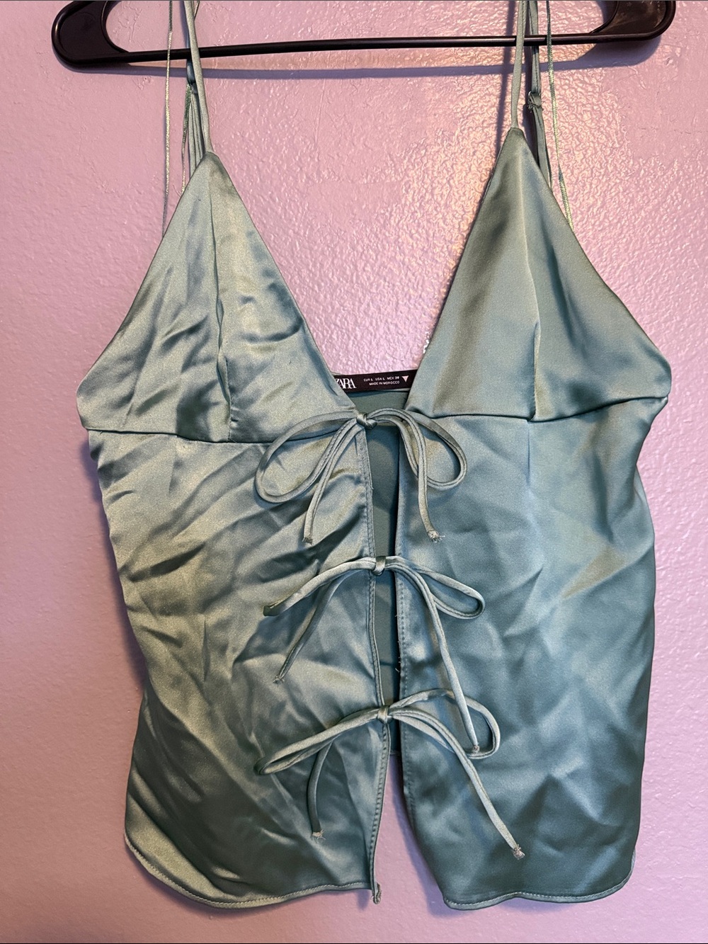 Zara Satin Sage Green Lace-Up Cami Top